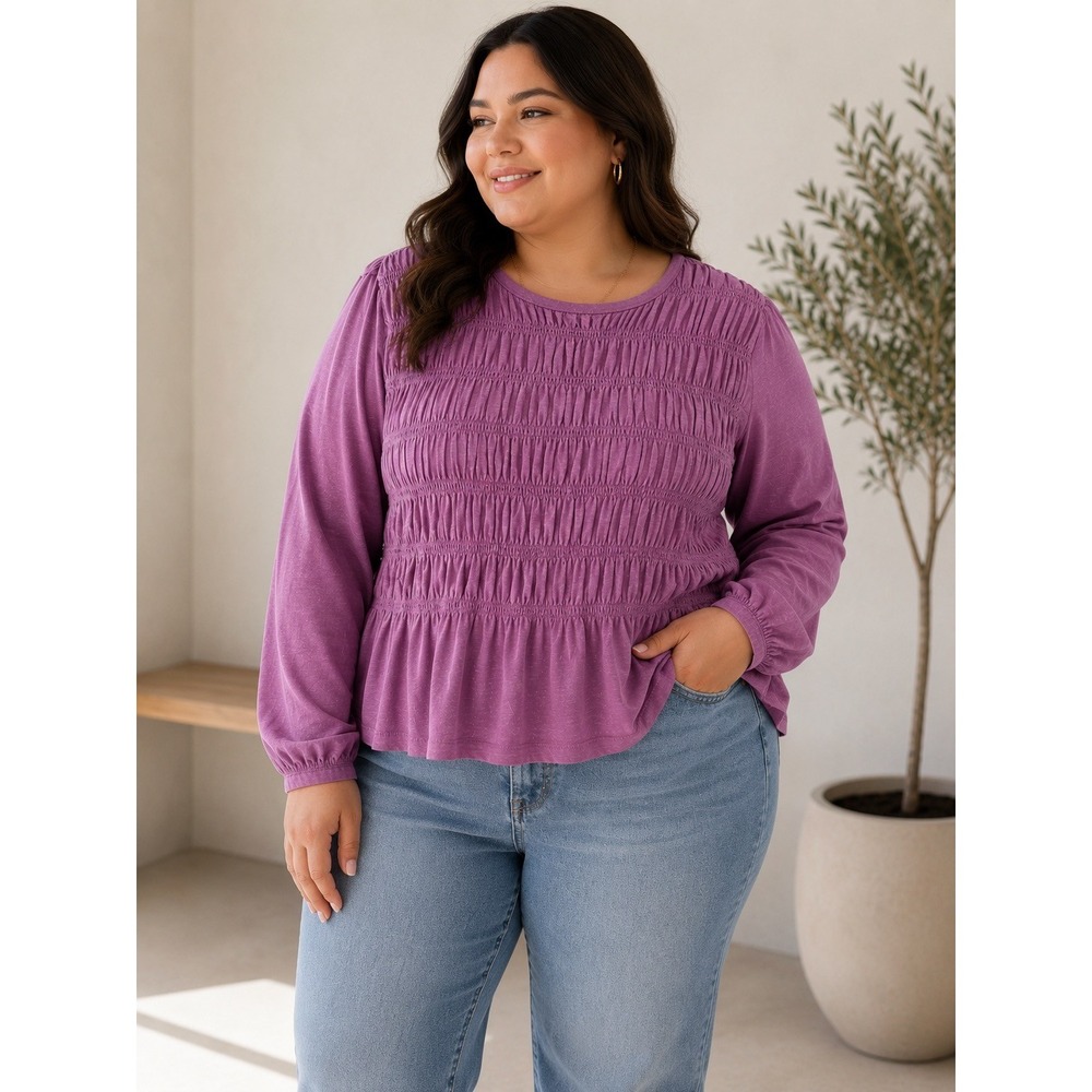 Pilcro‎ Anthropologie Purple Boho Cottagecore Smocked Peplum Long Sleeve Top XL